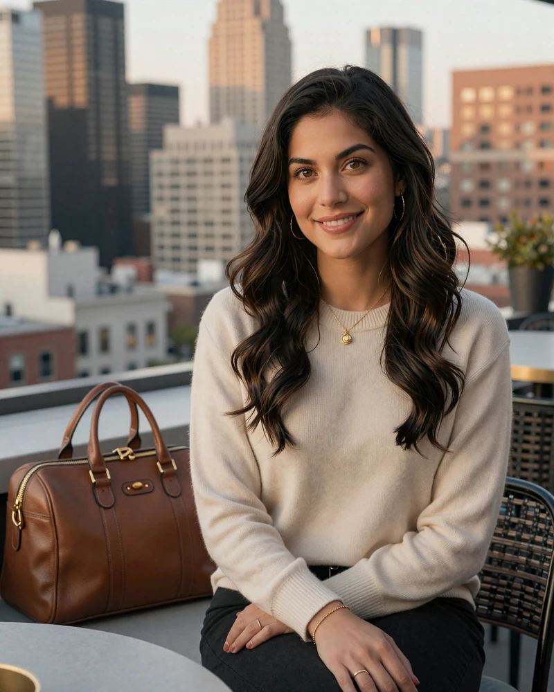 Verified travel nurse on MedMatch Dating photographed at a rooftop cafe between assignments