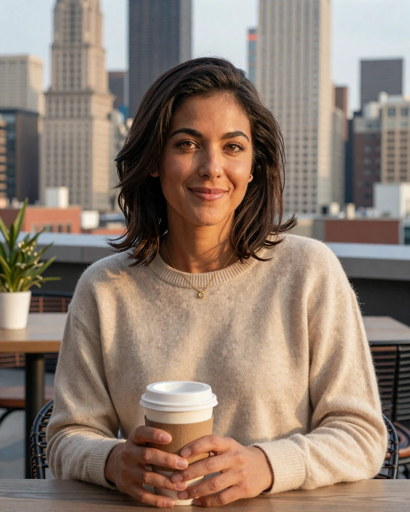 Verified woman pulmonologist on MedMatch Dating at a Chicago rooftop cafe at golden hour