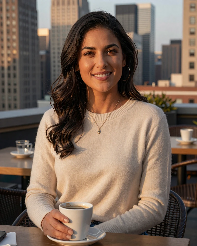 Verified woman physician on MedMatch Dating profile photographed at a rooftop café