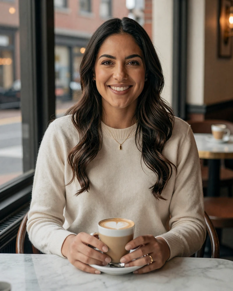 Verified woman endocrinologist on MedMatch Dating at a Boston cafe morning light