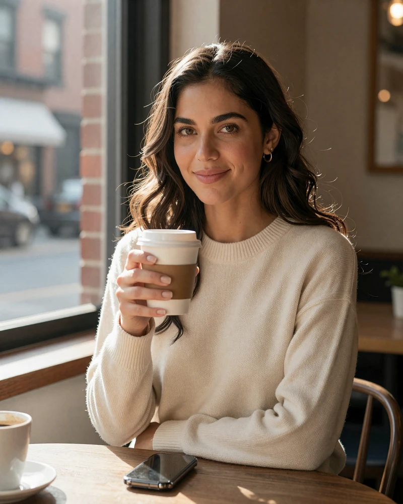 Verified RN on MedMatch Dating photographed at a Brooklyn brownstone café on a Sunday morning after shift