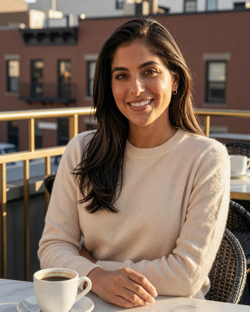 Verified nurse practitioner on MedMatch Dating photographed at a Brooklyn rooftop café