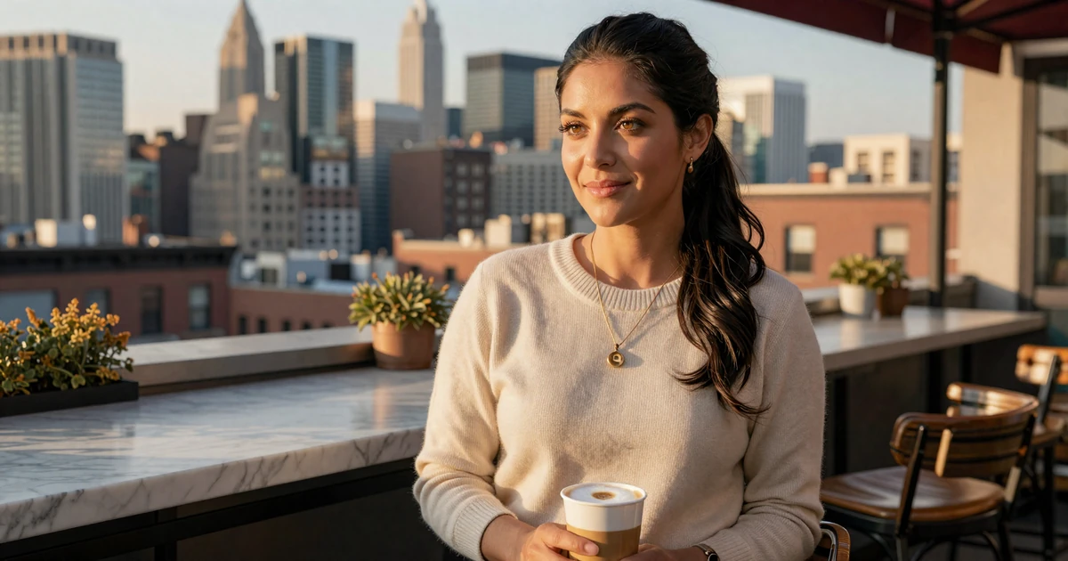 Verified ER nurse on MedMatch Dating photographed at a Brooklyn rooftop cafe at golden hour