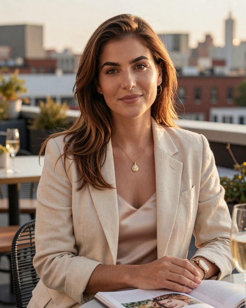 Verified certified nurse-midwife on MedMatch Dating photographed at a Brooklyn rooftop cafe