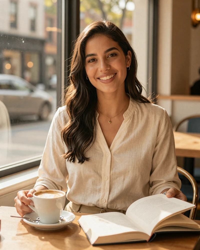 Verified medical assistant on MedMatch Dating photographed at a Brooklyn lifestyle cafe