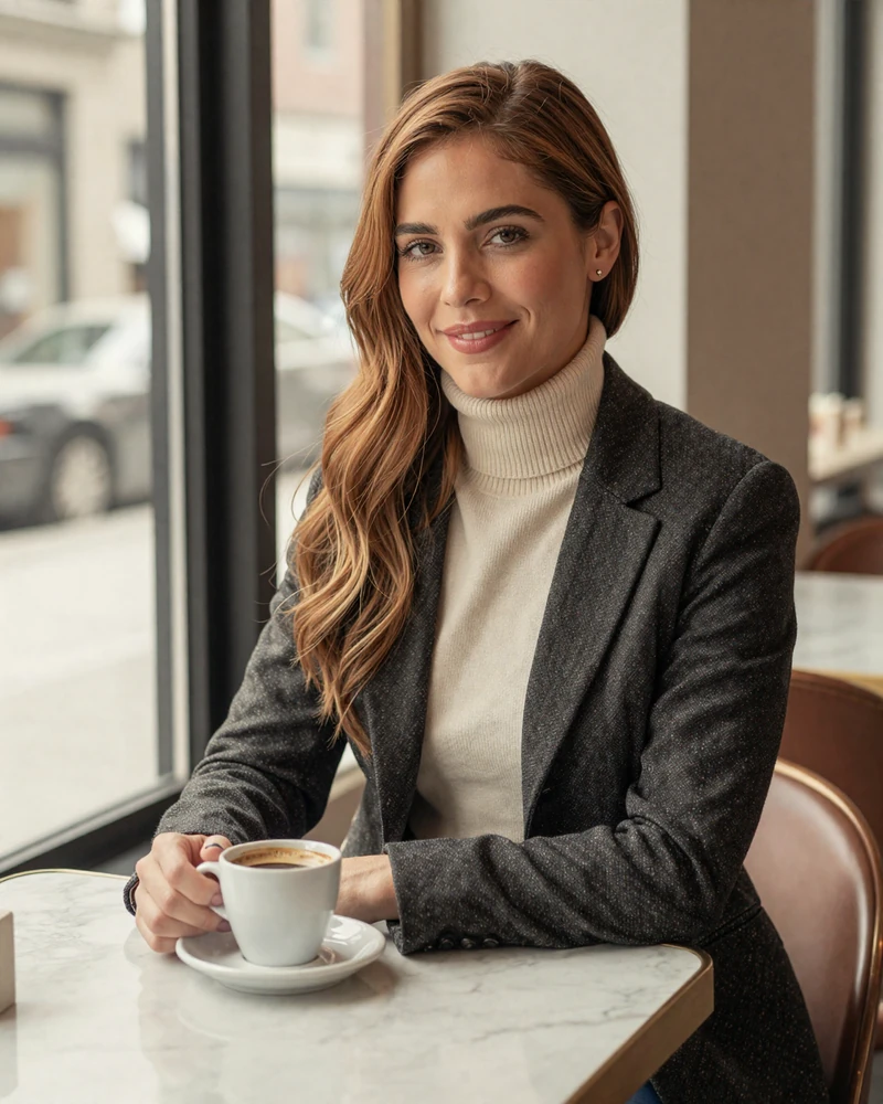 Verified woman radiologist on MedMatch Dating relaxing at a Boston cafe in evening light