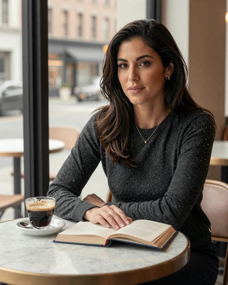 Verified woman neurologist on MedMatch Dating reading at a Manhattan cafe in morning light