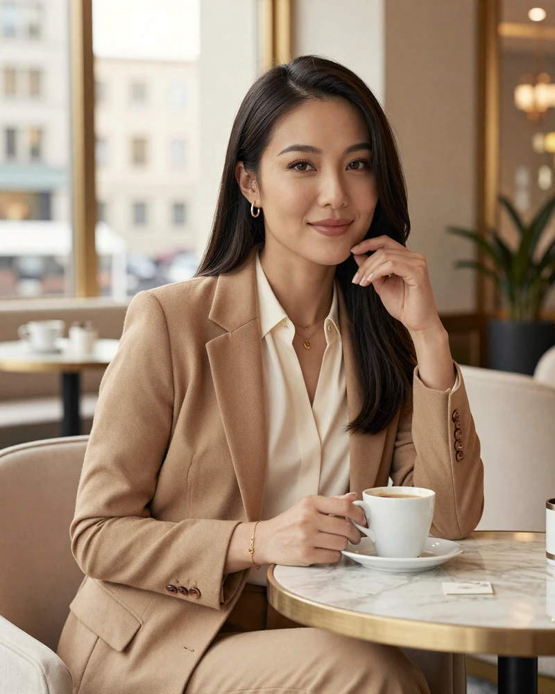Verified woman ophthalmologist on MedMatch Dating at a Manhattan boutique hotel cafe in golden hour light