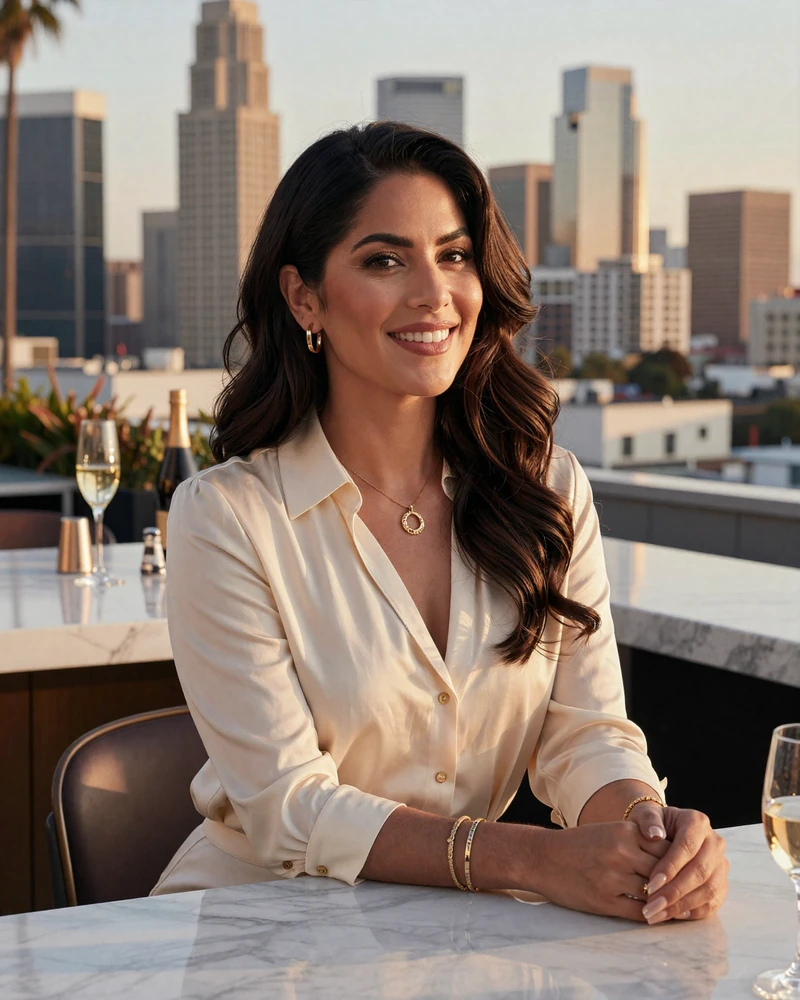 Verified woman plastic surgeon on MedMatch Dating at a Los Angeles rooftop bar in golden hour