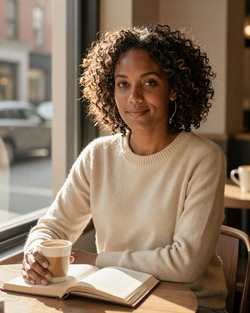 Verified woman oncologist on MedMatch Dating reading at a Brooklyn cafe in golden hour light