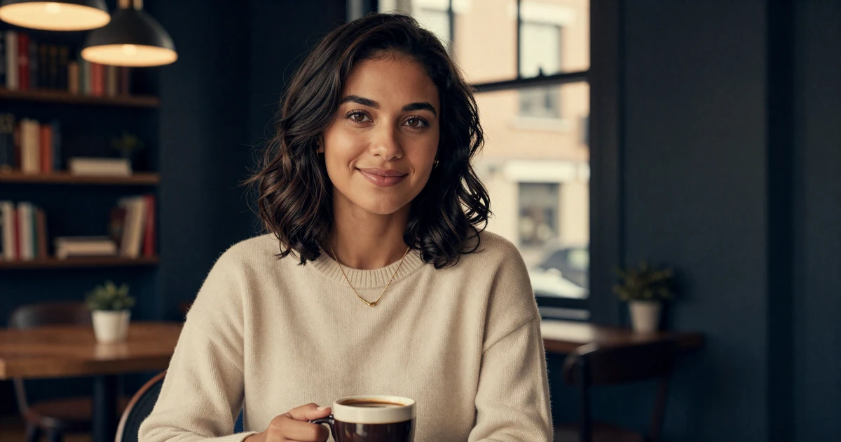 Verified woman psychiatrist on MedMatch Dating at an intimate Brooklyn cafe with warm golden hour light