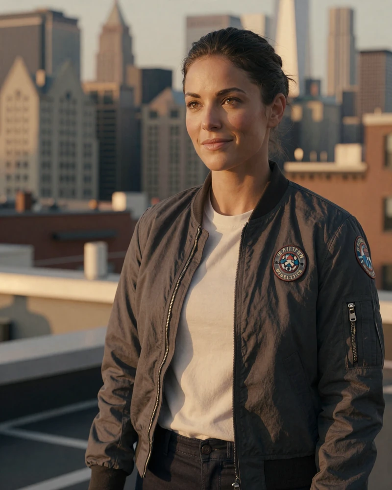 Verified woman paramedic on MedMatch Dating photographed on a Brooklyn rooftop at golden hour