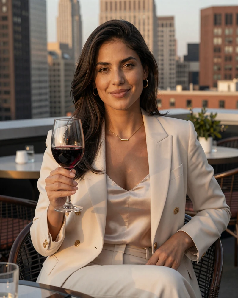 Verified woman cardiologist on MedMatch Dating photographed at a Manhattan rooftop wine bar