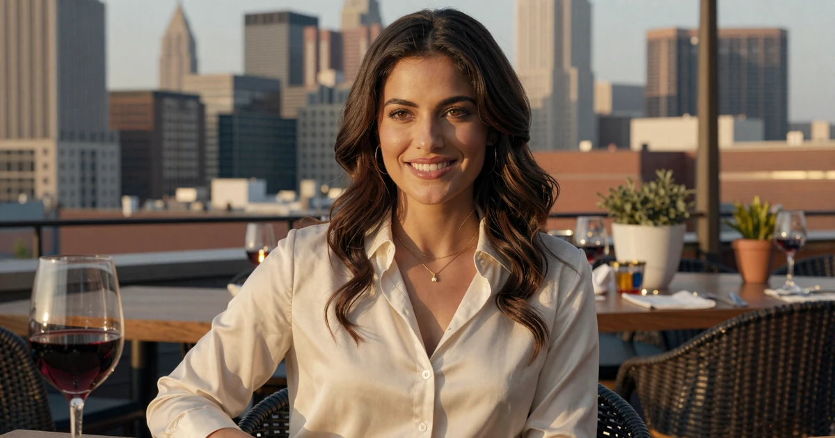 Verified female nurse practitioner on MedMatch Dating photographed at a Brooklyn rooftop restaurant